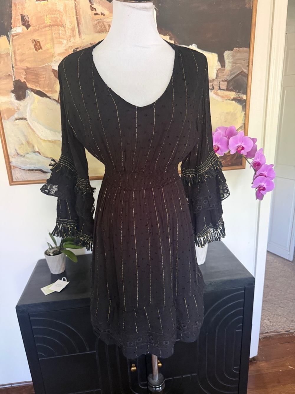 ZURY Black Metallic-Thread Bell Sleeve Mini Dress